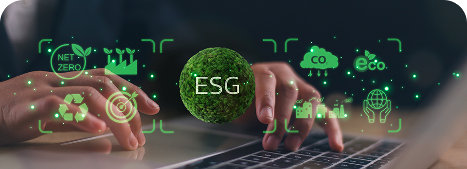 Gráfico digital futurista projetado em ambiente corporativo representando crescimento sustentável e tendências ESG 2026.