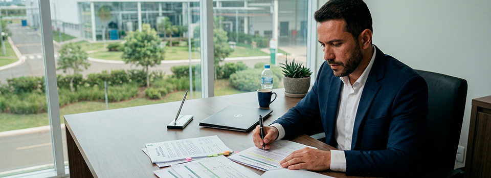 Gestor analisando conformidade ambiental da empresa para evitar sanções da Lei de Crimes Ambientais.