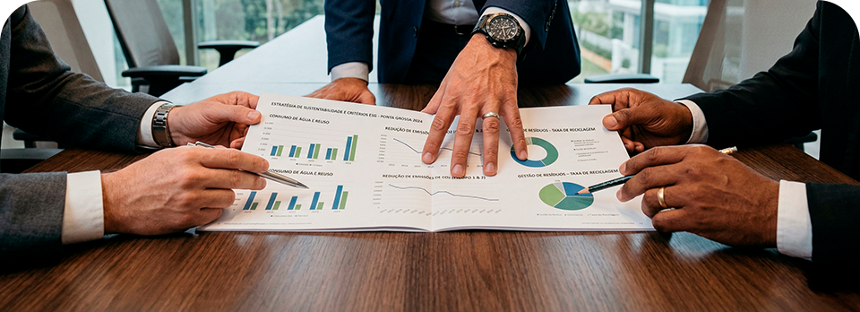 Uma fotografia com padrão corporativo. Foco nas mãos de profissionais segurando um relatório bem diagramado ou apontando para indicadores ESG.